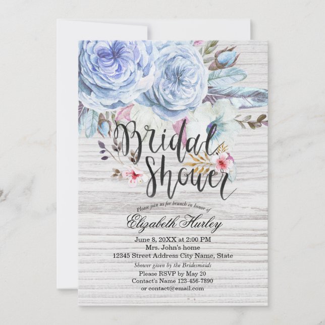 Invitación Ducha de novia acuarela Boho Floral Fethers Madera (Anverso)