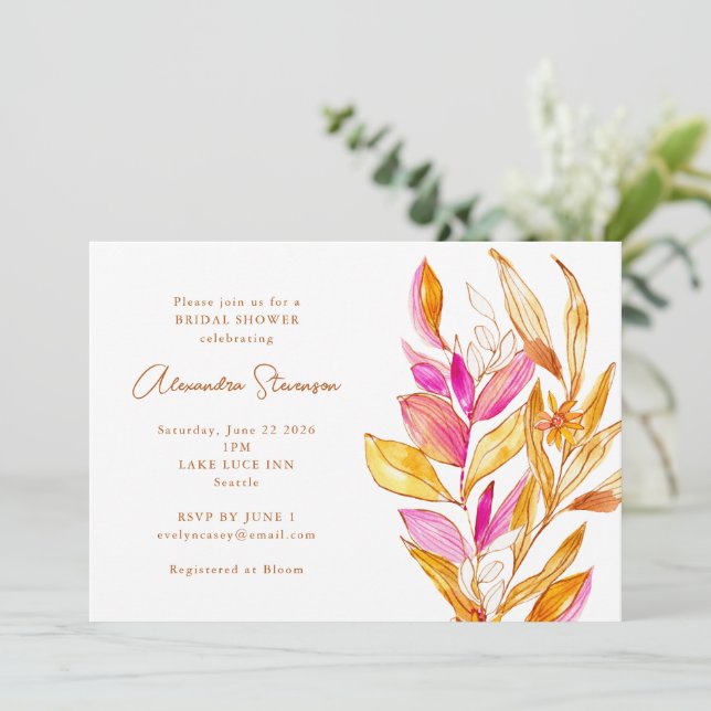 Invitación Ducha de Novia Acuarela Botánico Rosa Dorado (Anverso de pie)
