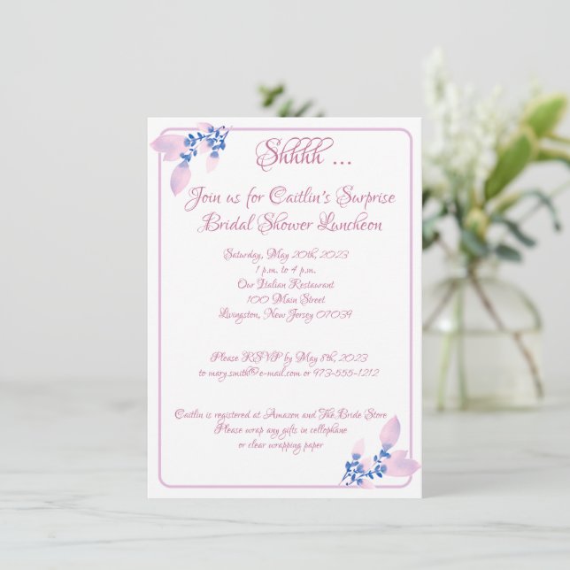 Invitación Ducha de novia, acuarela de contorno rosado (Anverso de pie)