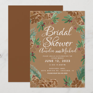 Invitación Ducha de Novia Acuarela de Piñas Marrones y Verdor