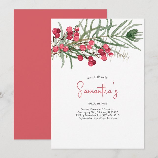 Invitación Ducha de novia acuarela de siempre verde y bayas r (Anverso / Reverso)