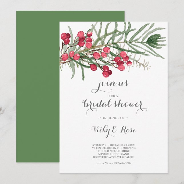 Invitación Ducha de novia acuarela Evergreen y Berries rojas (Anverso / Reverso)