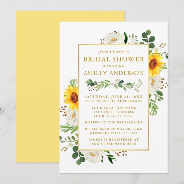 Invitación Ducha de novia acuarela girasoles flor blanca (Anverso / Reverso)