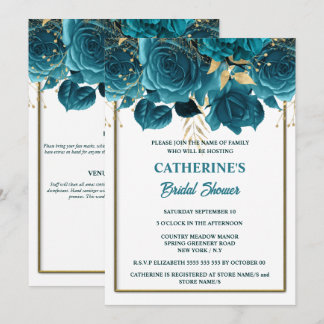 Invitación Ducha de novia acuarela rosa blanca dorada teal