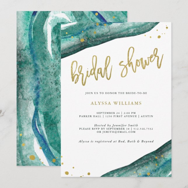 Invitación Ducha de novia acuarela Verde azulada y de oro geo (Anverso / Reverso)