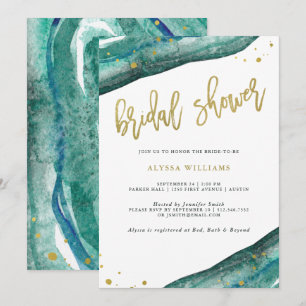 Invitación Ducha de novia acuarela Verde azulada y de oro geo