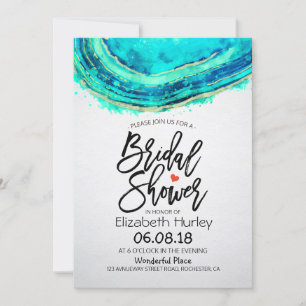 Invitación Ducha de novia acuarela Verde azulada y oro agode