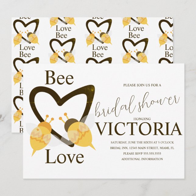 Invitación Ducha de Novia Amarillo Marrón Abeja y Corazón (Anverso / Reverso)