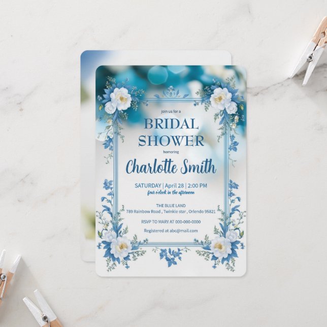 Invitación ducha de novia antigua de Chinoiserie azul y blanc (Anverso/Reverso In Situ)