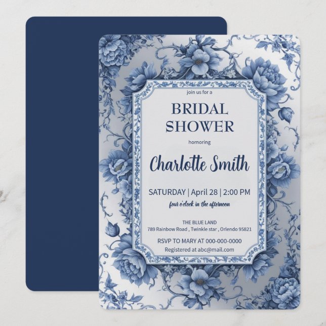 Invitación Ducha de novia antigua de Chinoiserie azul y blanc (Anverso / Reverso)
