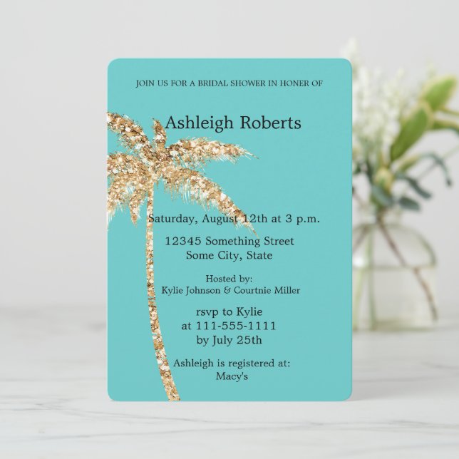 Invitación Ducha de novia Aqua Gold Glitzy Gold Palm Tree (Anverso de pie)