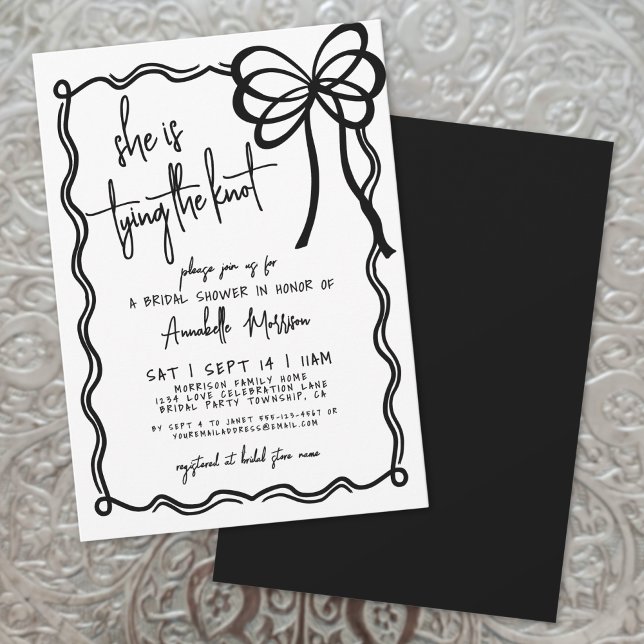 Invitación Ducha de Novia Arco Blanco Negro Dibujado a Mano (Hand Drawn Black White Bow Bridal Shower Invitation)