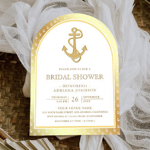Invitación Ducha de Novia Arco de Ancla Dorada y Blanca Náuti