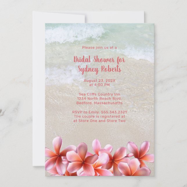 Invitación Ducha de novia arena rosa Plumeria de playa (Anverso)
