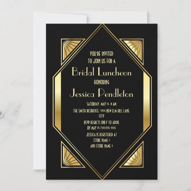 Invitación Ducha de Novia Art Deco Negro Oro (Anverso)