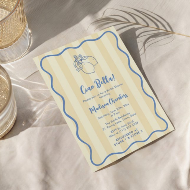 Invitación Ducha de novia azul amarilla de Ciao Bella manuscr (Ciao to Miss yellow and blue boho wavy border italian theme bridal shower invitation cards)