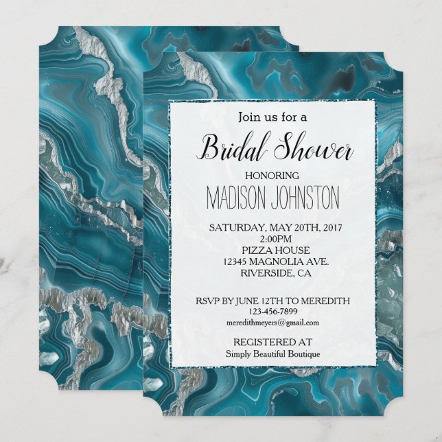 Invitación Ducha de novia azul de cristal azul turquesa Verde (Anverso / Reverso)