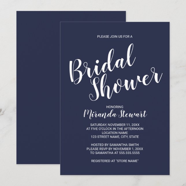 Invitación Ducha de novia azul de la Marina de Script Moderno (Anverso / Reverso)