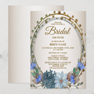 Invitación Ducha de Novia Azul Floral Dorado Geométrico Vinta
