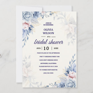 Invitación Ducha de Novia Azul Marino Burgundy Dorado Rosa