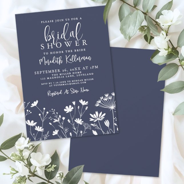 Invitación Ducha de Novia Azul Marino de Flores Silvestres (Wildflower Navy Blue Bridal Shower Invitation)