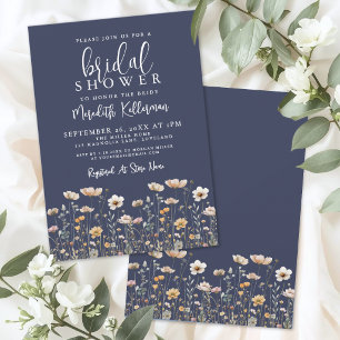 Invitación Ducha de Novia Azul Marino Flor Silvestre