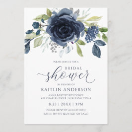 Invitación Ducha de Novia Azul Marino Floral Acuarela Plata