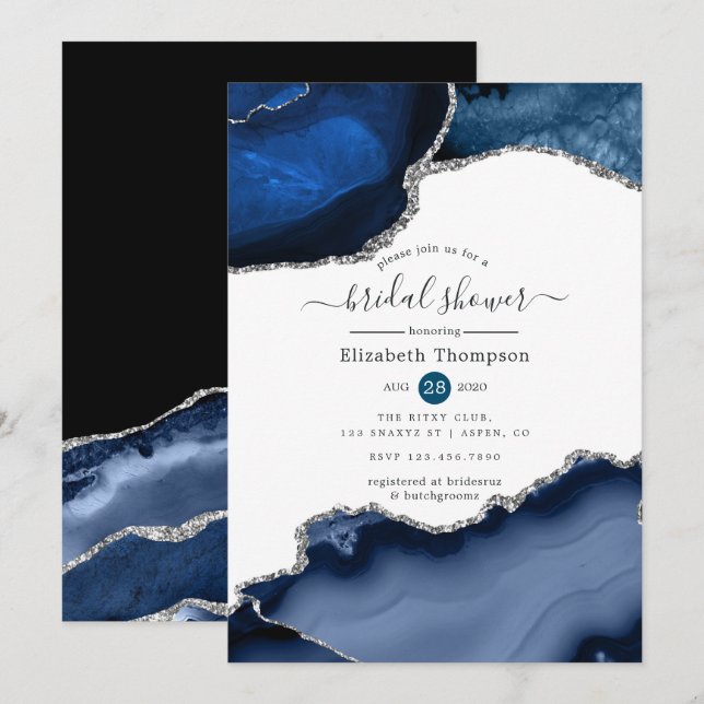 Invitación Ducha de Novia Azul Marino y Ágata Plateada (Anverso / Reverso)