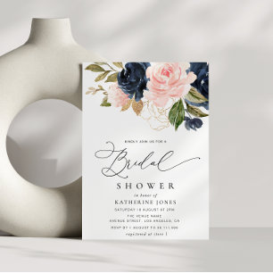 Invitación ducha de novia azul marino y floral y rubia