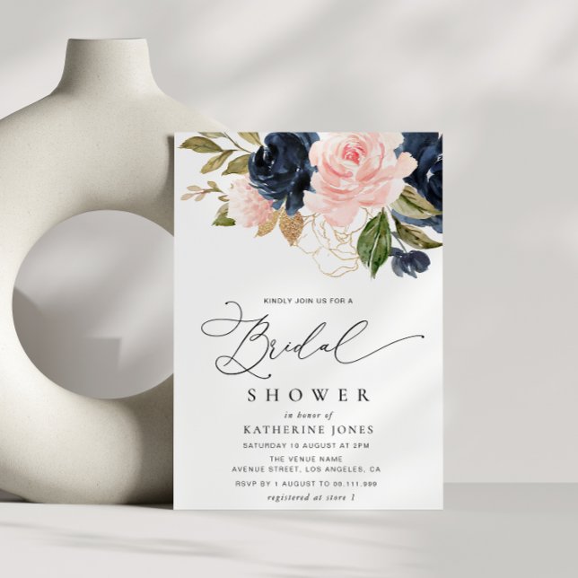 Invitación ducha de novia azul marino y floral y rubia (Subido por el creador)