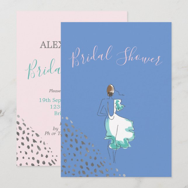 Invitación Ducha de novia azul rosa blanco simple (Anverso / Reverso)