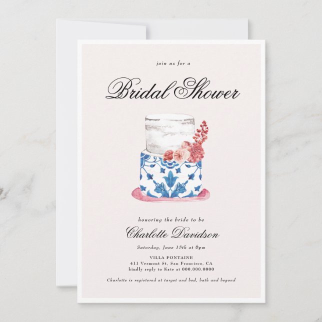 Invitación Ducha de novia azul rosa pastel mediterráneo (Anverso)