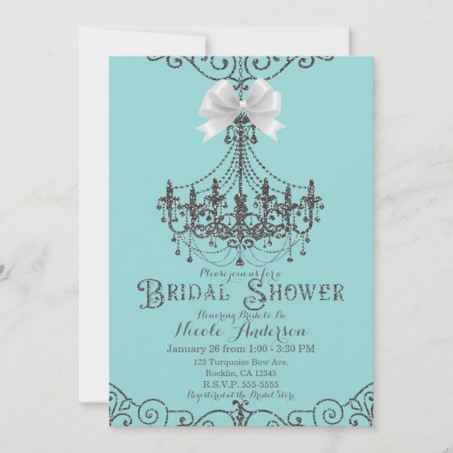 Invitación Ducha de novia azul turquesa y blanca plateada (Anverso)