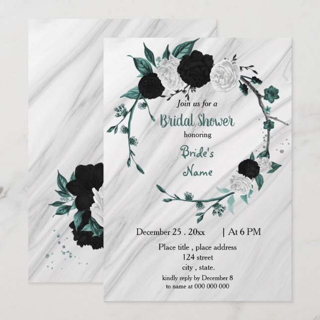 Invitación Ducha de novia azul verde azulado blanco negro (Anverso / Reverso)