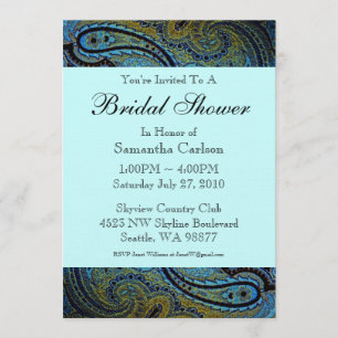 Invitación Ducha de Novia Azul Verde con Paisley y Pavo Real