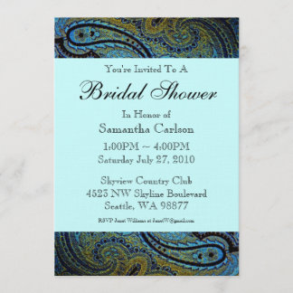 Invitación Ducha de Novia Azul Verde con Paisley y Pavo Real