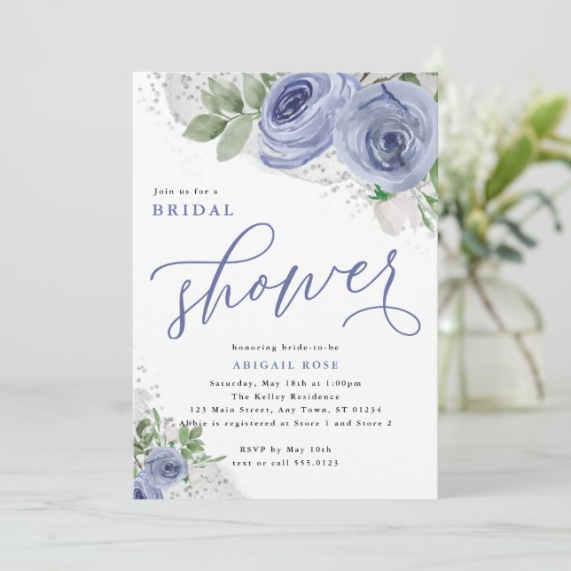 Invitación Ducha de novia, azul y plata, flores acuáticas (Anverso de pie)
