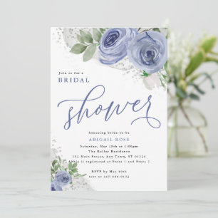 Invitación Ducha de novia, azul y plata, flores acuáticas