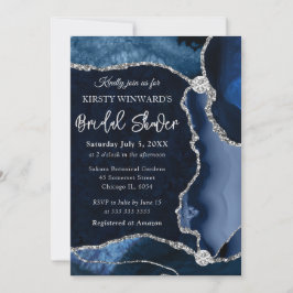 Invitación Ducha de Novia Azul y Plateado con Brillo de Ágata