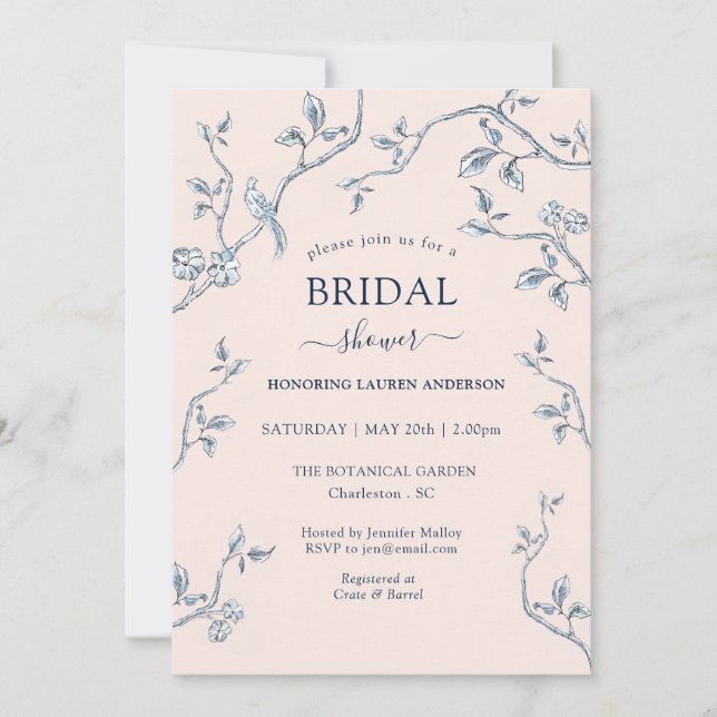 Invitación Ducha de novia azul y rosa en toile francés Invita (Anverso)