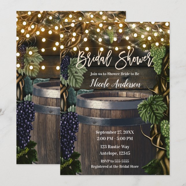 Invitación Ducha de Novia Barril de Madera Rústica Vides de U (Anverso / Reverso)