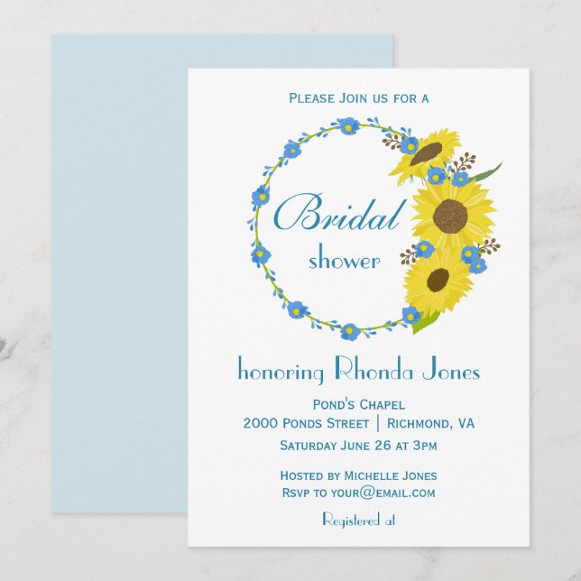 Invitación Ducha de novia Belleza Girasol Azul y Blanco (Anverso / Reverso)