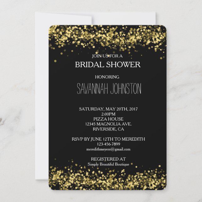 Invitación Ducha de novia Black and Gold Confetti (Anverso)