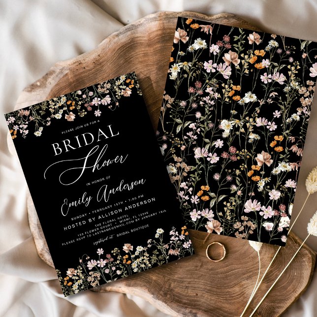 Invitación Ducha de novia Black Boho Wildflower (Subido por el creador)