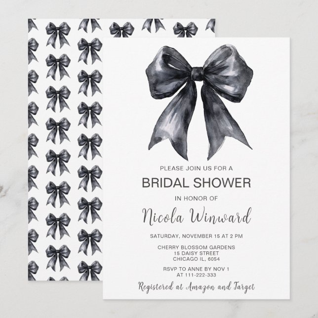 Invitación Ducha de novia Black Coquette Bow (Anverso / Reverso)