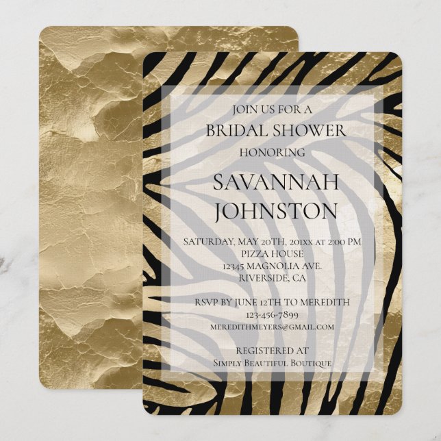 Invitación Ducha de novia Black Gold Zebra (Anverso / Reverso)