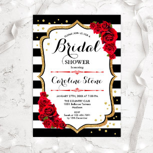 Invitación Ducha de novia - Black White Strips Gold Roses