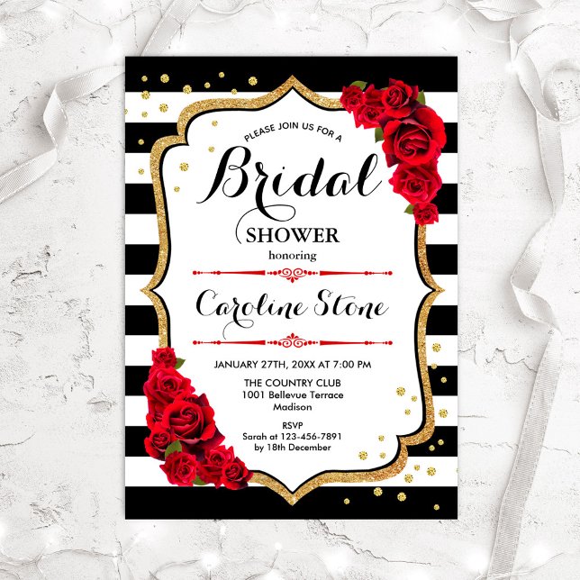 Invitación Ducha de novia - Black White Strips Gold Roses (Subido por el creador)