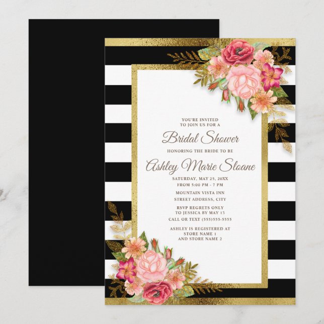 Invitación Ducha de novia Black White Strips Pink Floral Gold (Anverso / Reverso)
