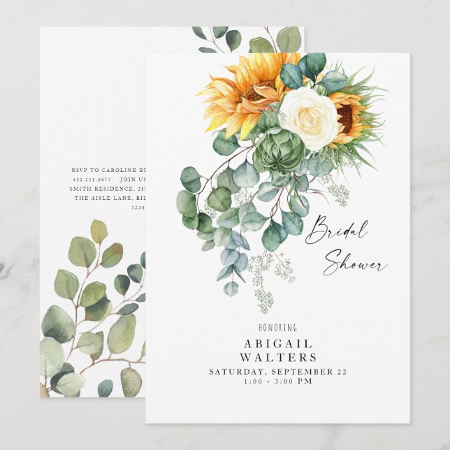 Invitación Ducha de novia blanca de girasol de eucalipto lúci (Anverso / Reverso)